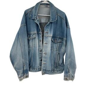 TYCA USA Eagle Jean Jacket Size XL Distressed Blue Denim Embossed Logo Trucker